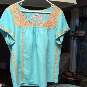 Ivy Jane Turquoise and Orange Embroidered Blouse